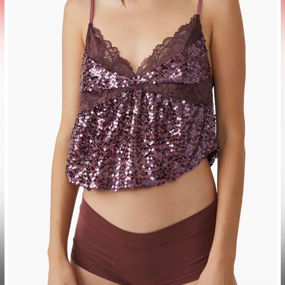 Free People Maroon Purple Burgundy Sequin Cropped Top Camisole Small NWT - Picture 4 of 9